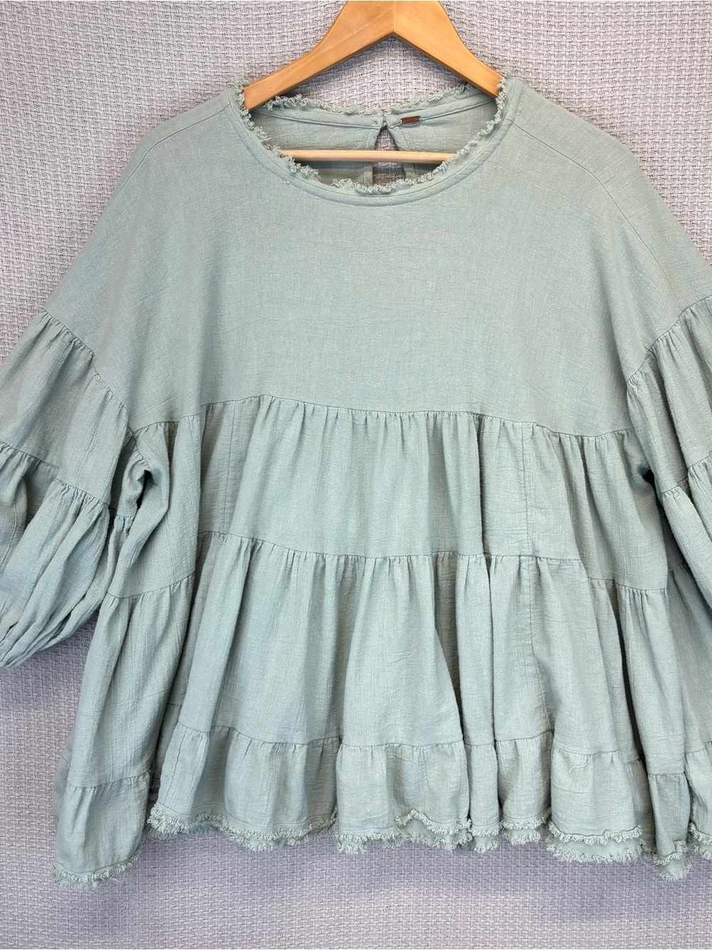 Free People Briana Tunic Women XS Sage Green Babydoll Frayed Boho Top Festival